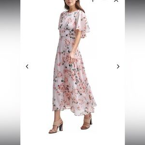 Calvin Klein Pink Midi Chiffon Dress With Flutter Sleeves cottagecore Romantic